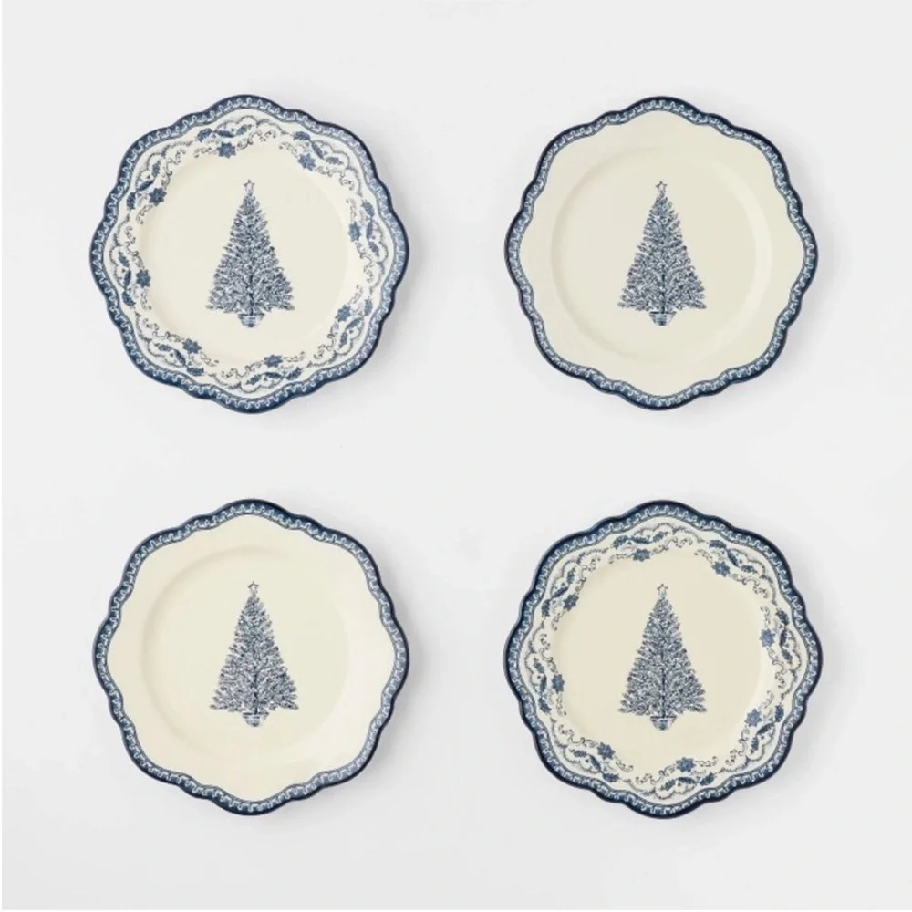 4pk 8” Stoneware Salad Appetizer Christmas Plates Blue - Threshold Studio McGee